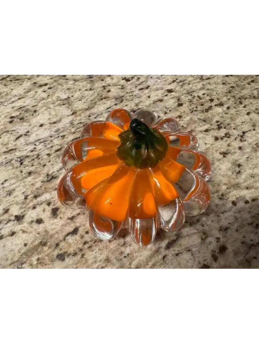 Hand Blown Orange Art Glass Pumpkin Sculpture w/ Green Glass Stem